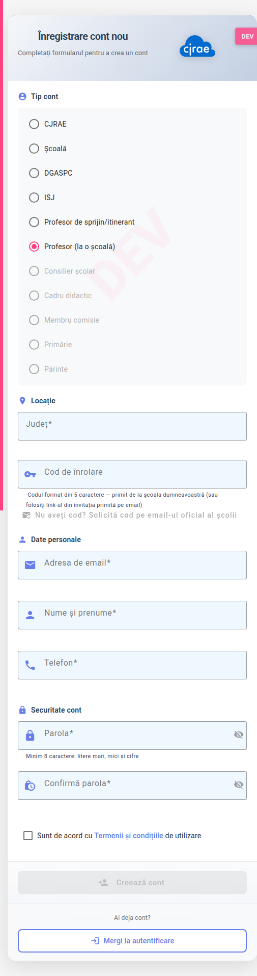 Formularul de înregistrare cont profesor