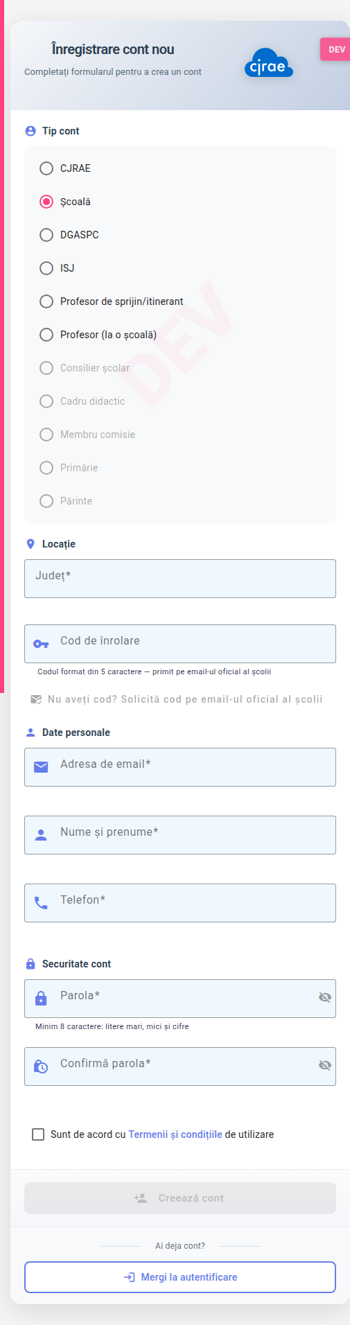Formularul de înregistrare cont școală