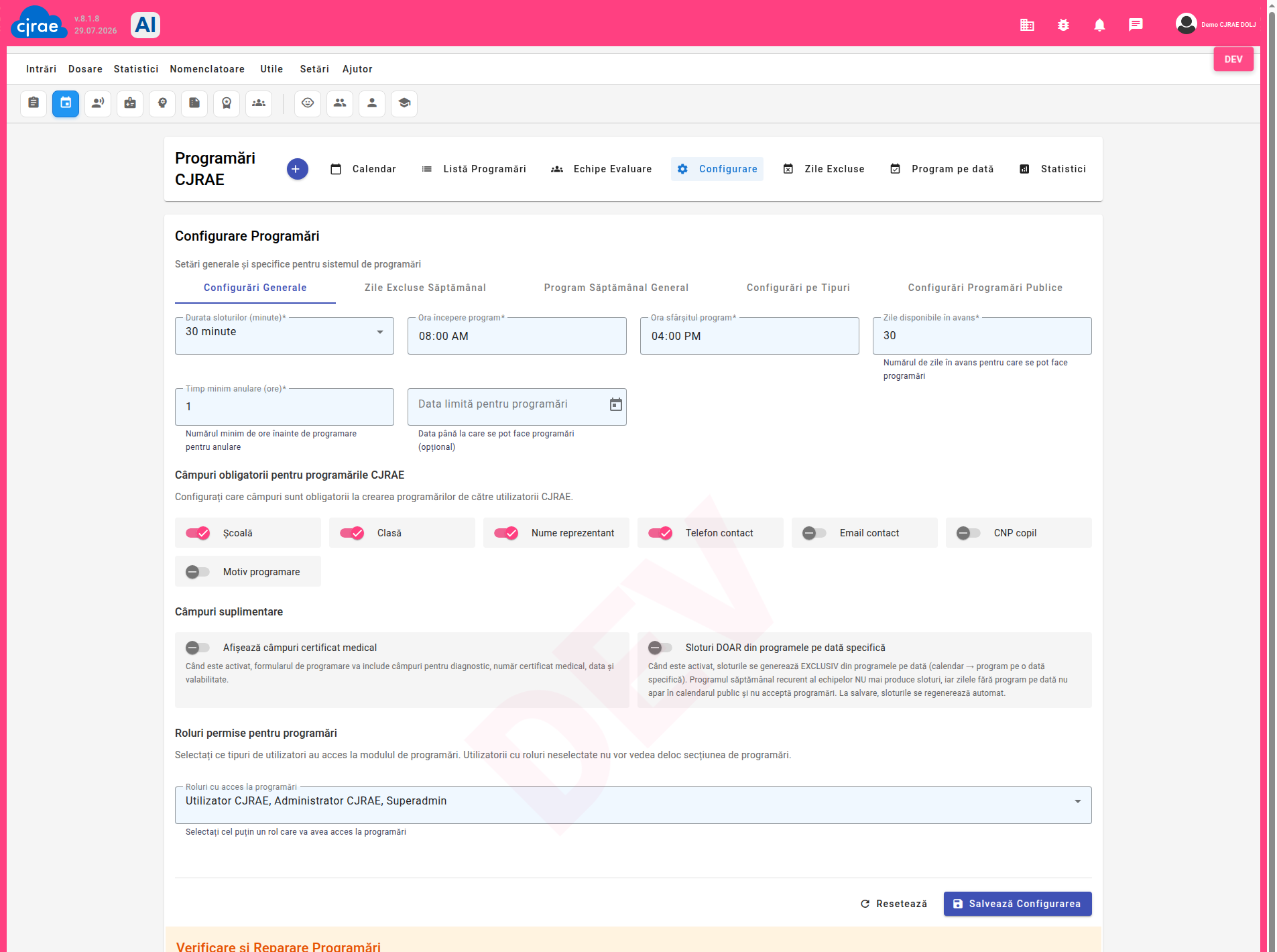 Configurarea generală a programărilor