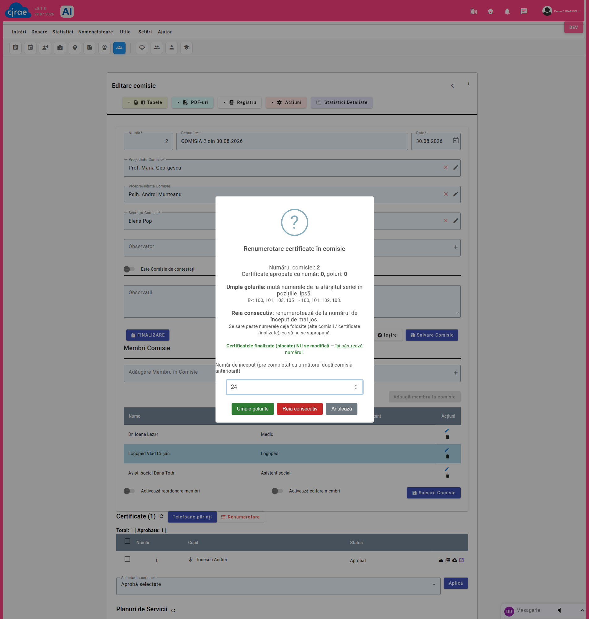 Dialogul de renumerotare a certificatelor dintr-o comisie