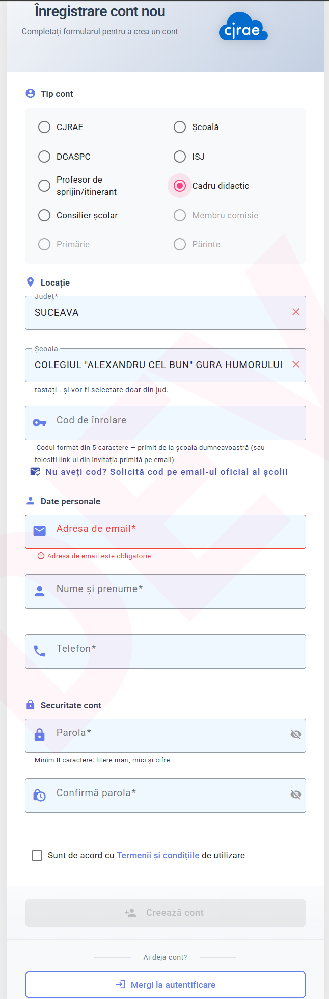 Formular înregistrare — cadru didactic