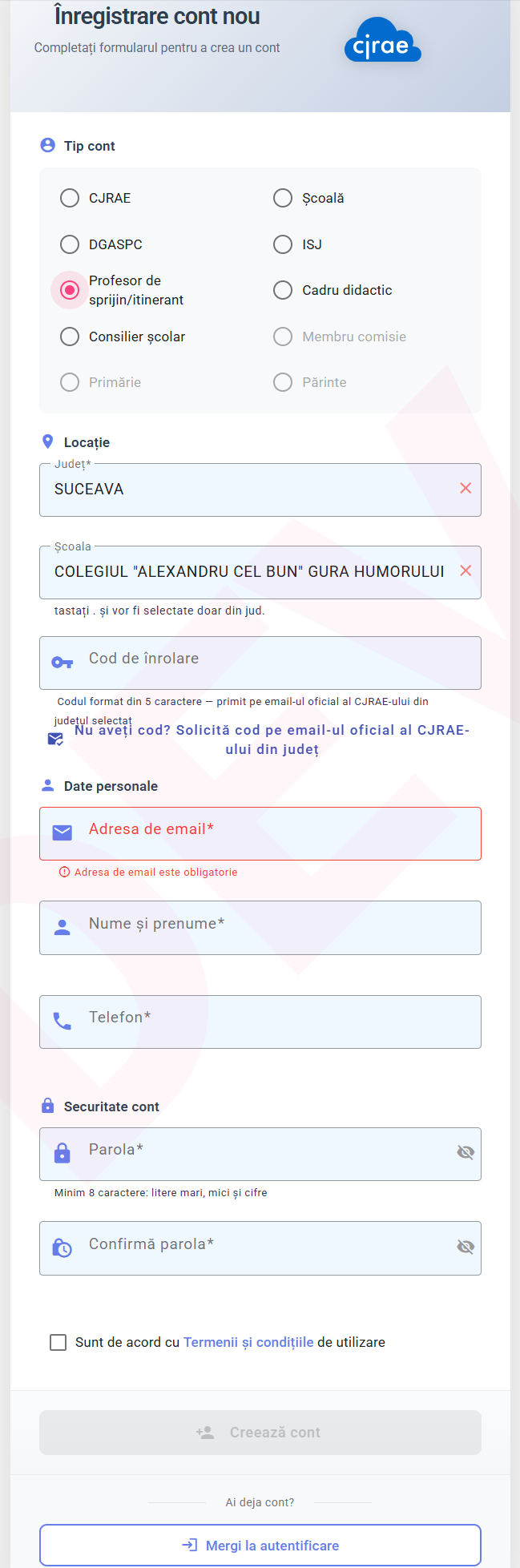 Formular înregistrare — profesor de sprijin