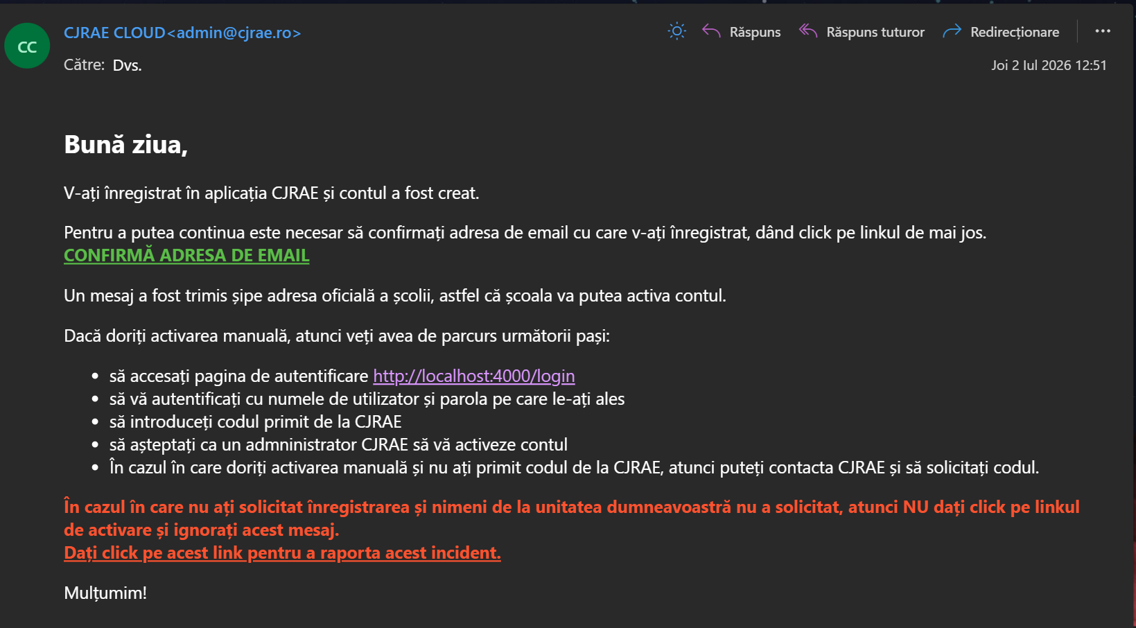 Email de confirmare a adresei