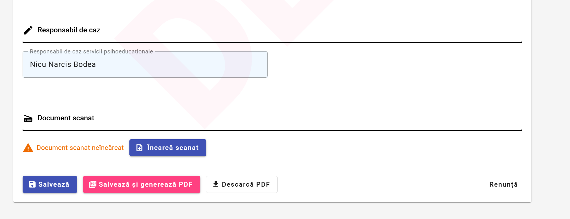 Butoanele fișei — salvare, PDF, încărcare scan