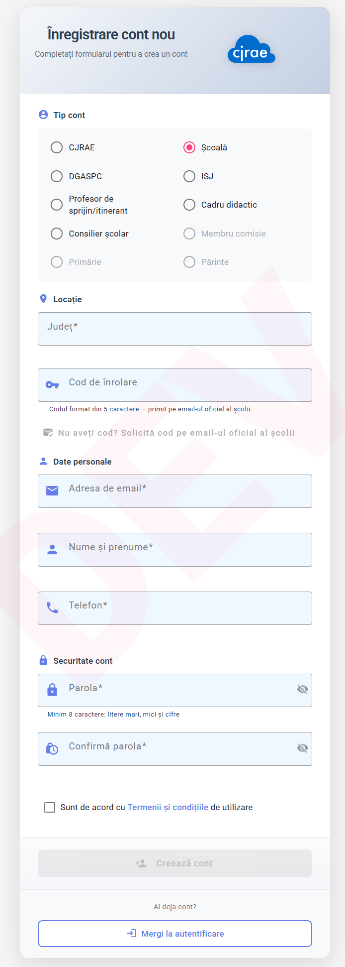 Formularul de înregistrare cont școală