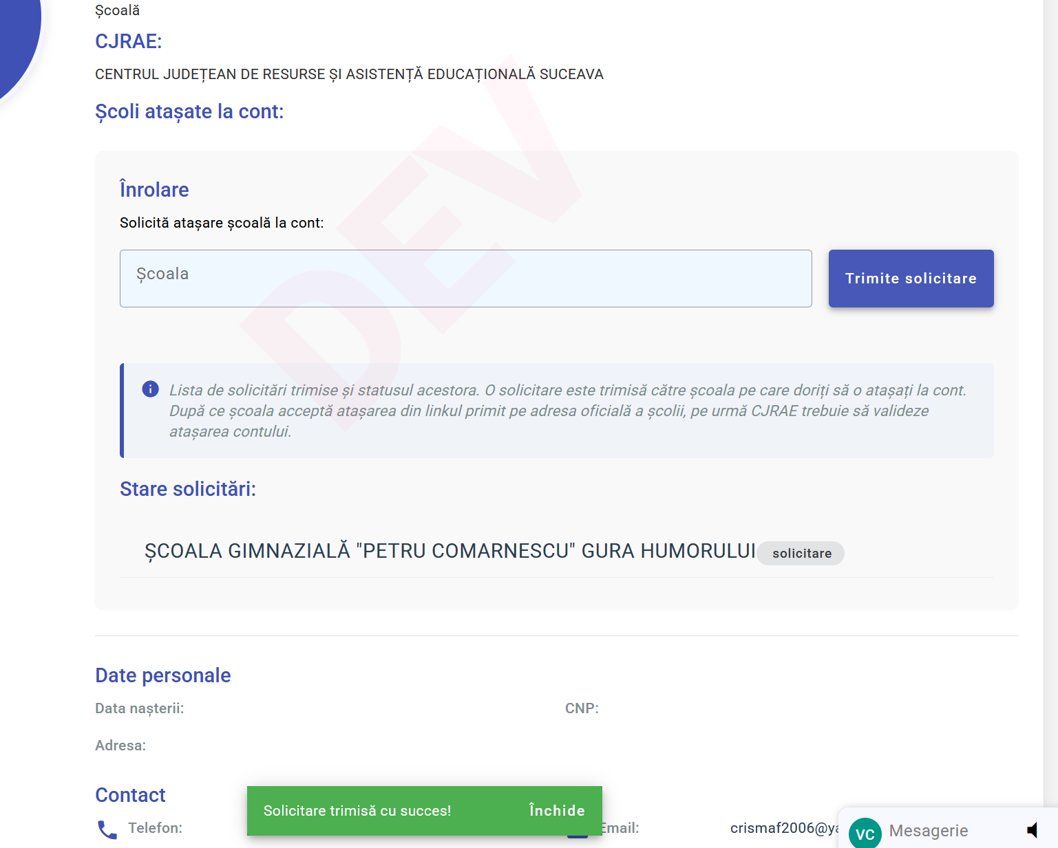 Solicitare de atașare altă școală trimisă