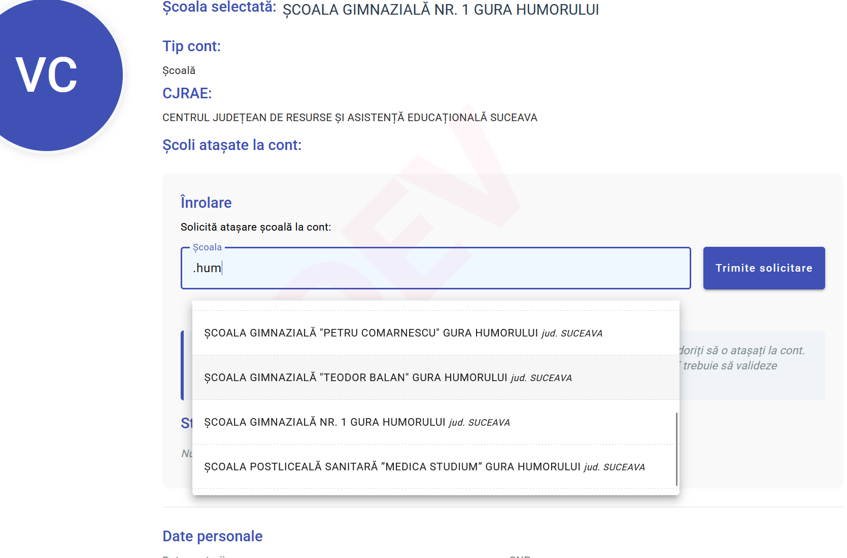 Selectarea altei școli din listă