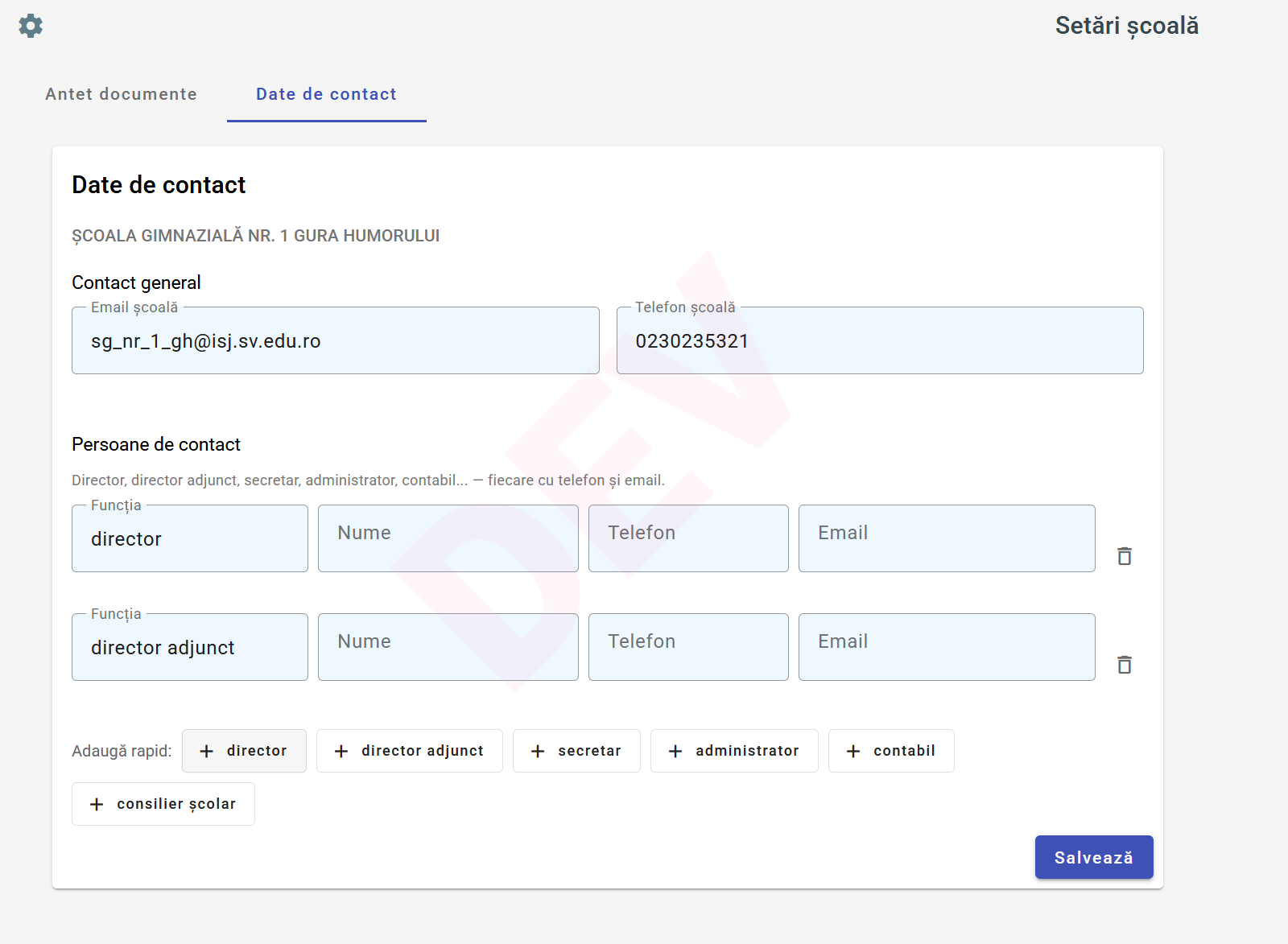 Setări școală — date de contact și persoane de conducere