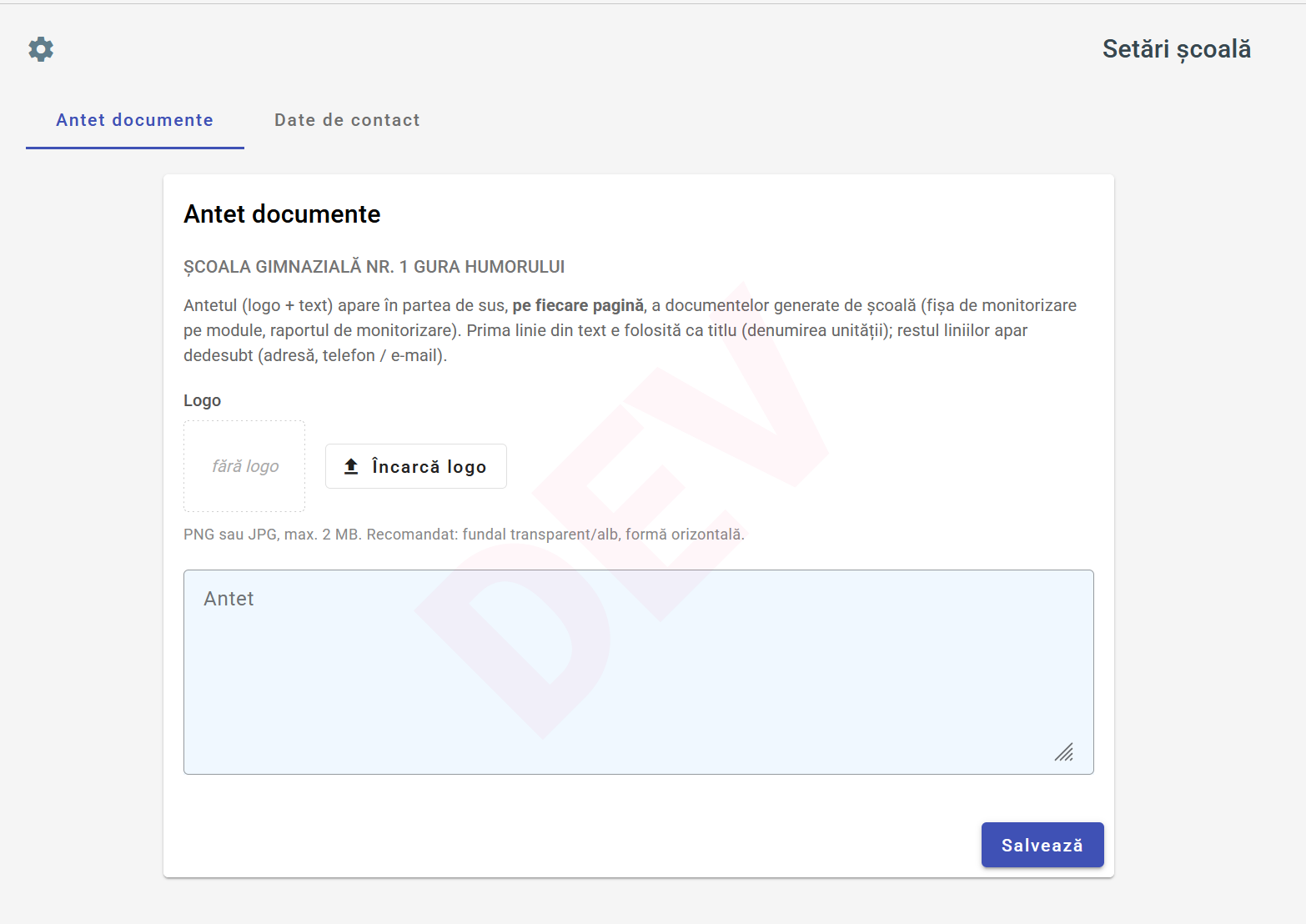 Setări școală — antet documente cu logo și text
