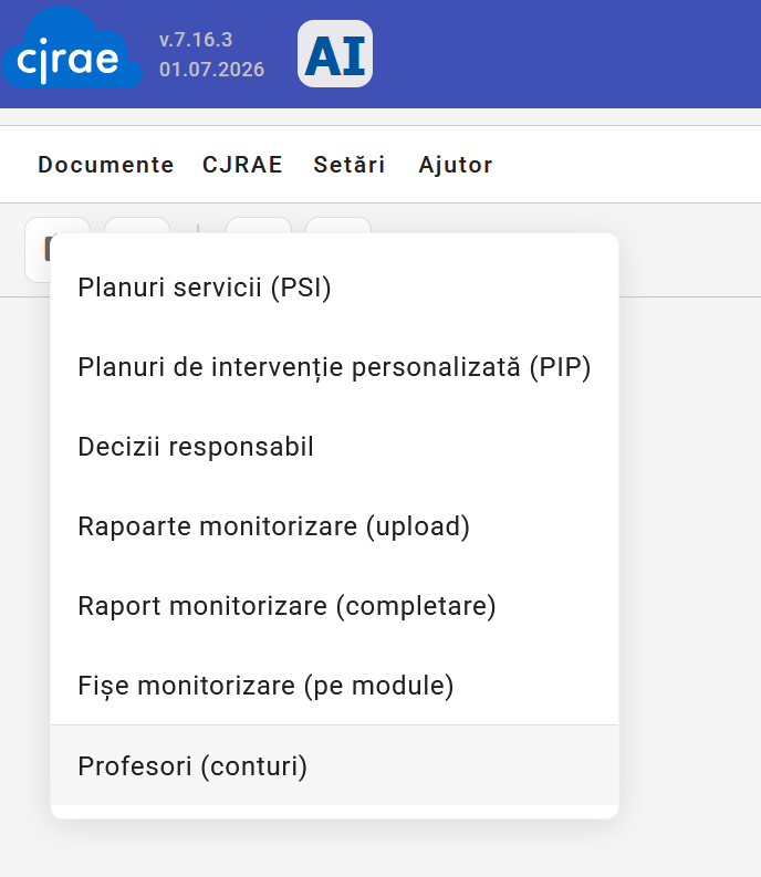 Meniul Documente → Profesori (conturi)