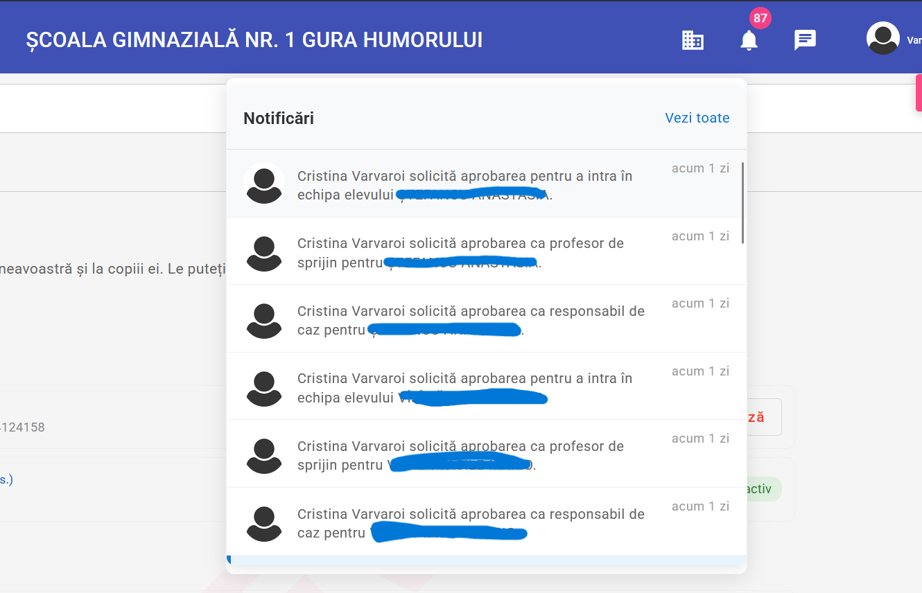Notificări cu solicitări de asociere de la profesori